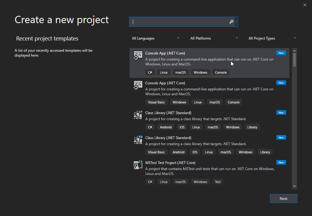 "Console App (NET. Core)" را از لیست انتخاب کنید و روی دکمه Next کلیک کنید: